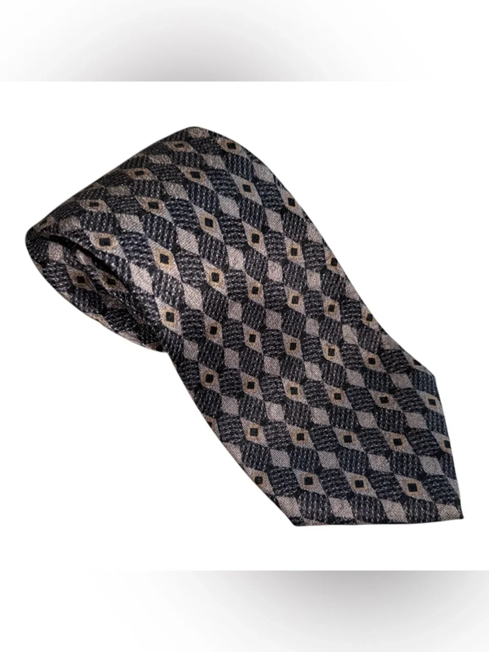 Pierre Cardin Silk‎ Tie Geometric Diamond Pattern Black Gray Brown Classic